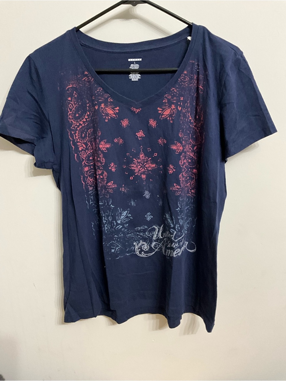 OP Navy Short-Sleeve V-Neck Tee with Pink and Light Blue Graphic
